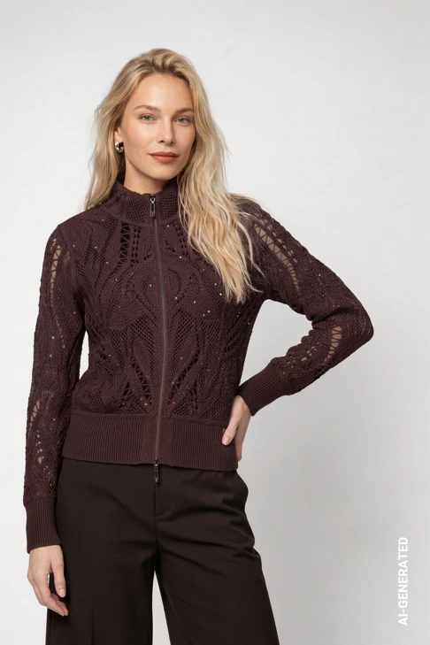 MONARI FASHION SHOW dámský svetr na zip hnědý s flitry